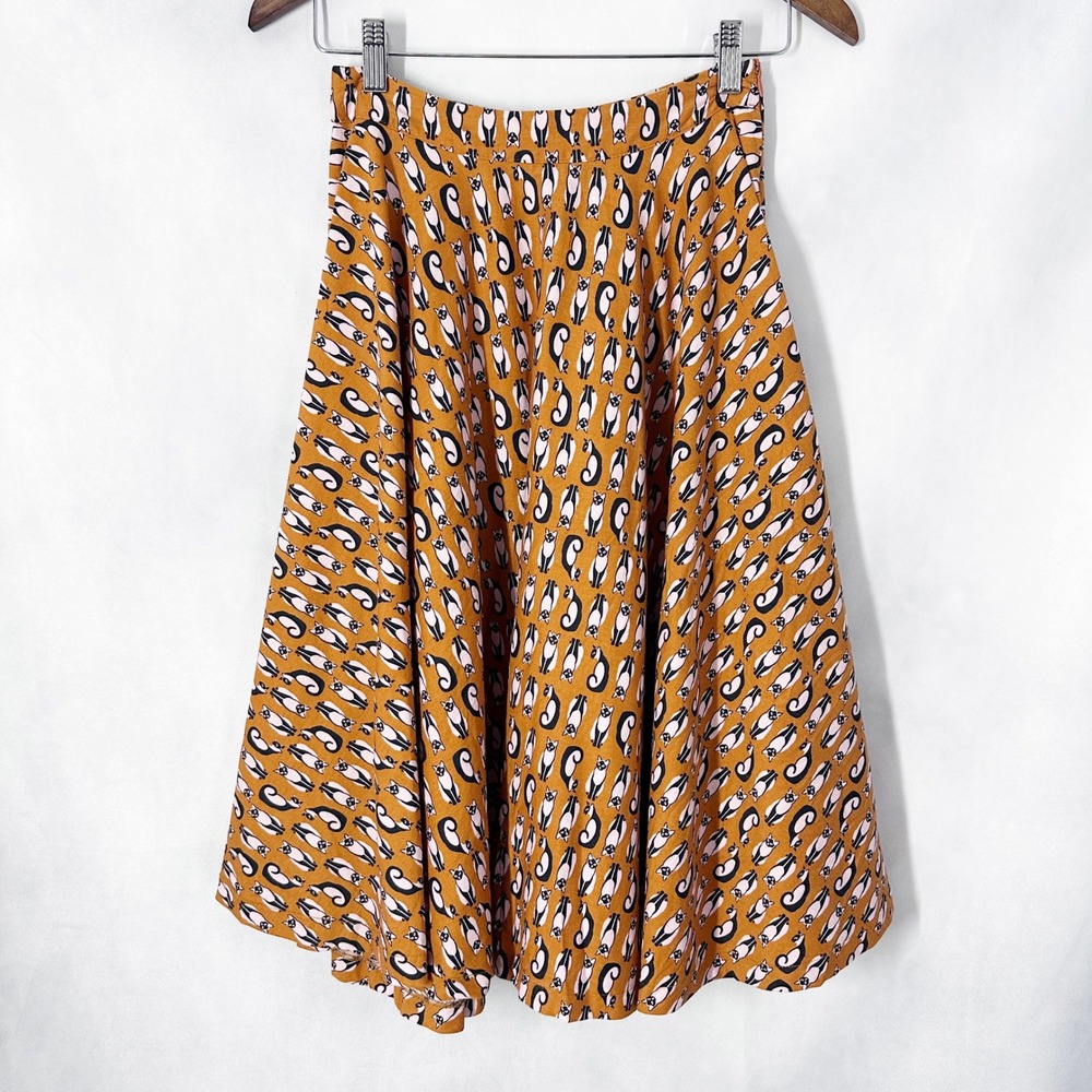 Lindy Bop Cat Print Mustard Yellow Cotton Circle Skirt Women's US Size 4